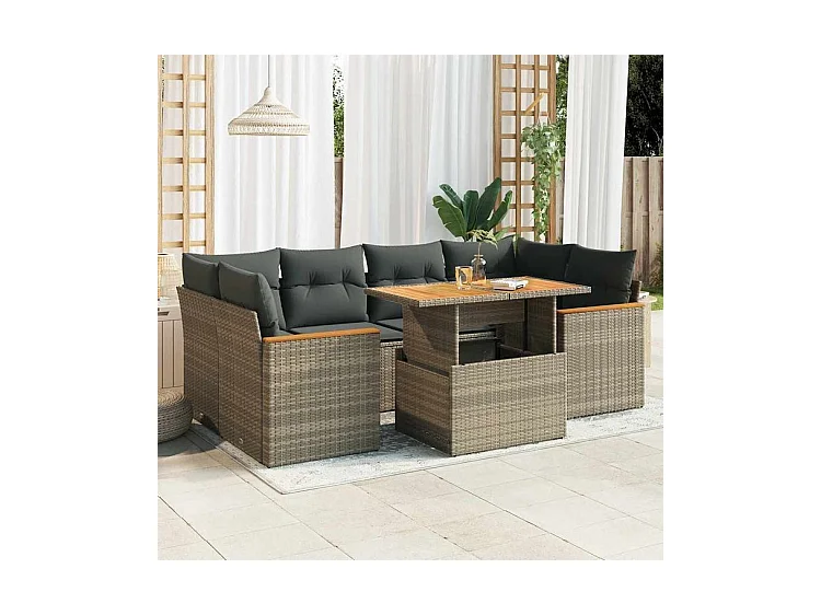 Salon de jardin avec coussins 6 pcs gris résine tressée acacia