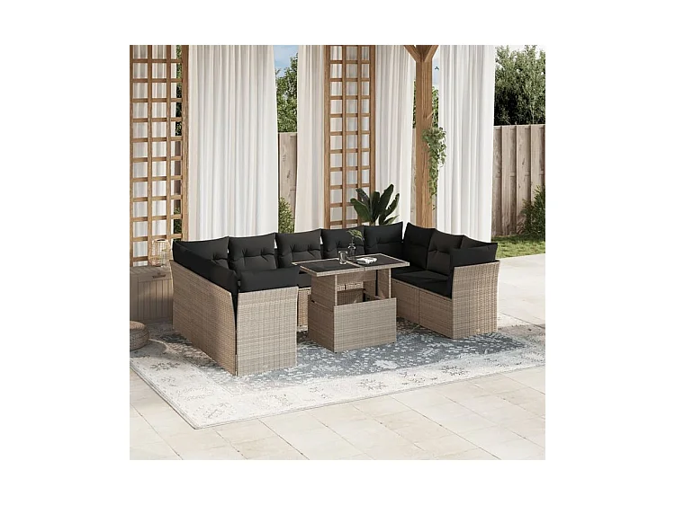 Salon de jardin avec coussins 10 pcs gris clair résine tressée