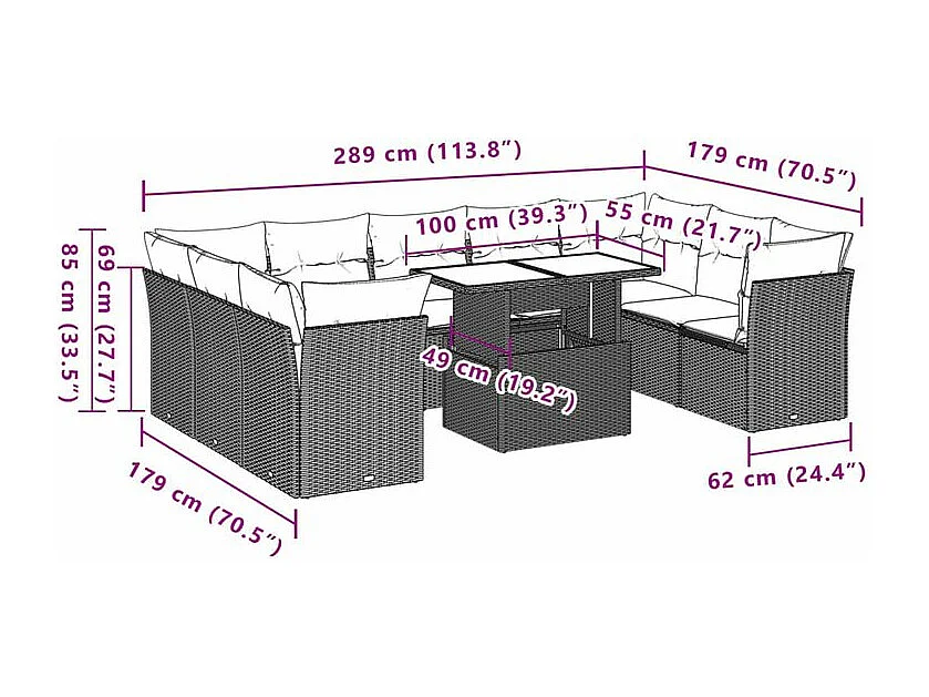 Salon de jardin avec coussins 10 pcs gris clair résine tressée