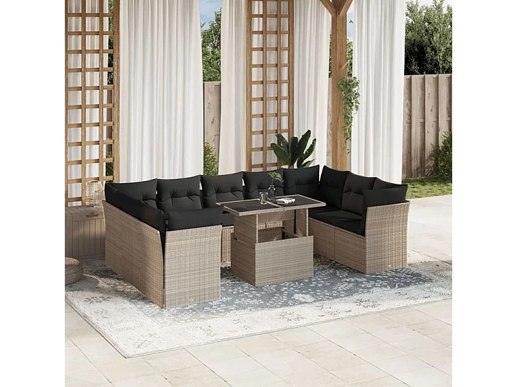 Salon de jardin avec coussins 10 pcs gris clair résine tressée