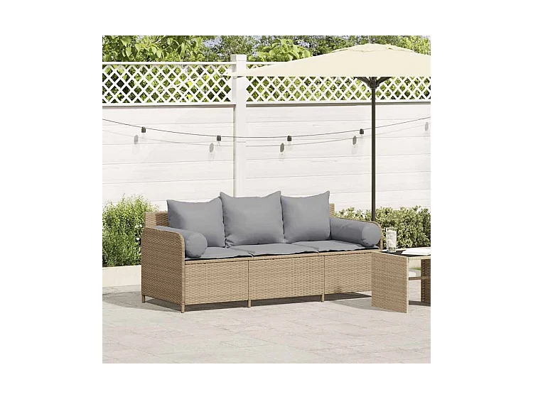 Canapé de jardin avec coussins 3 places beige résine tressée