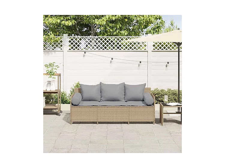 Canapé de jardin avec coussins 3 places beige résine tressée