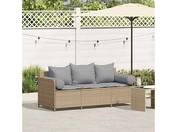 Canapé de jardin avec coussins 3 places beige résine tressée
