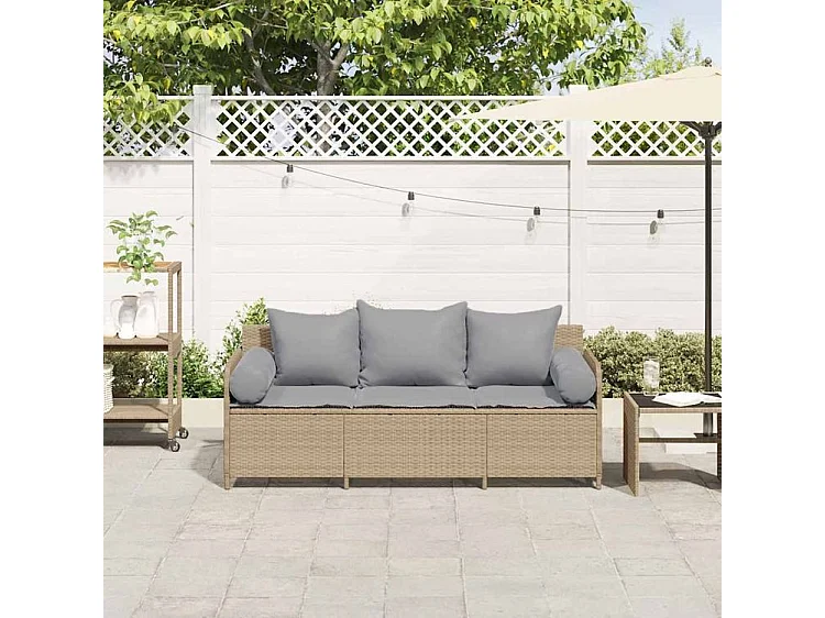 Canapé de jardin avec coussins 3 places beige résine tressée