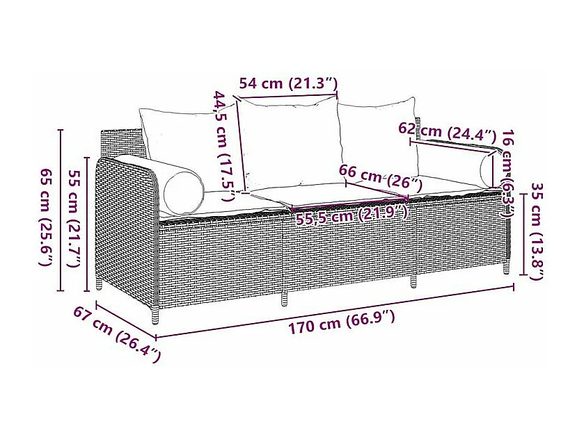 Canapé de jardin avec coussins 3 places beige résine tressée