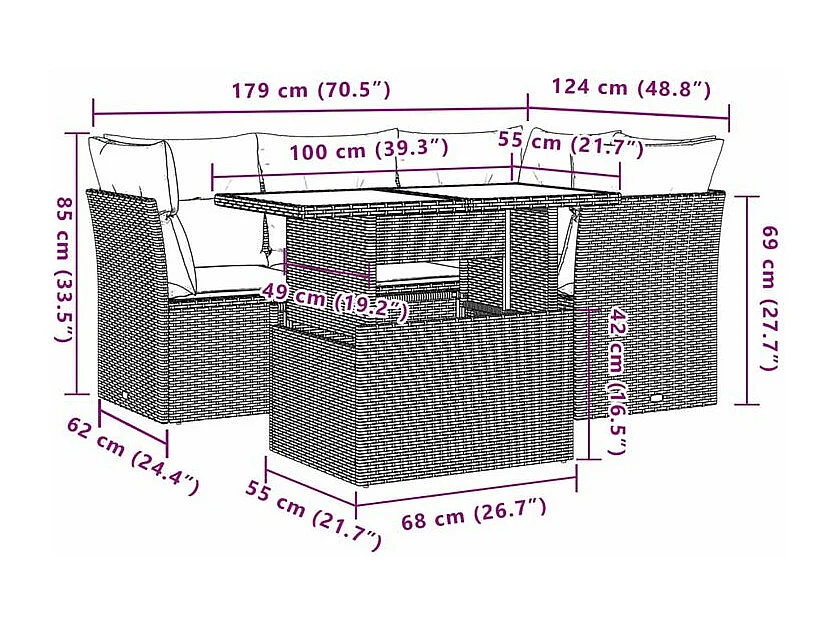 Salon de jardin avec coussins 5 pcs marron résine tressée