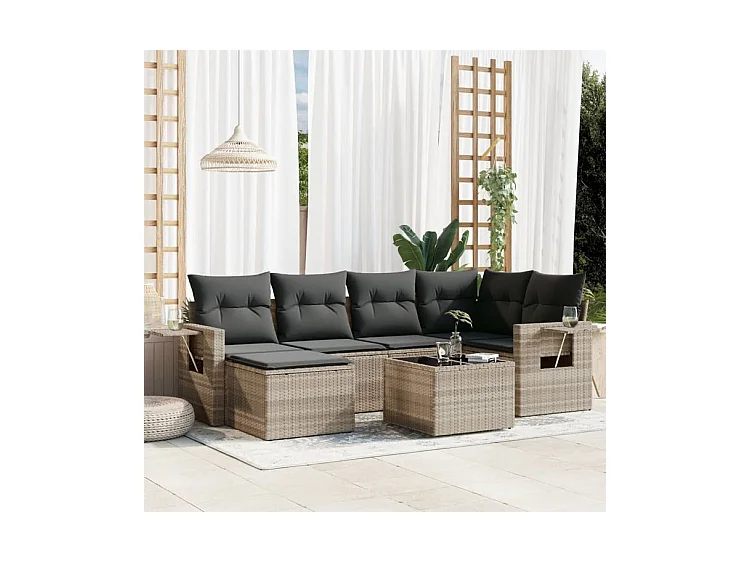 Salon de jardin avec coussins 7 pcs gris clair résine tressée