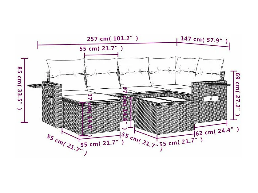 Salon de jardin avec coussins 7 pcs gris clair résine tressée