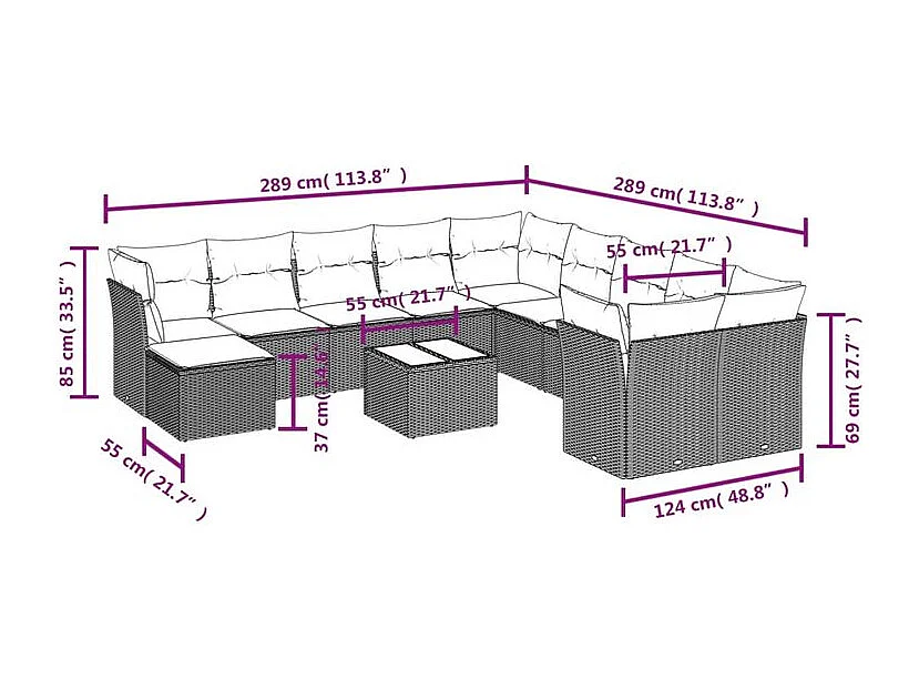 Salon de jardin avec coussins 12 pcs marron résine tressée