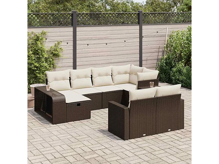 Salon de jardin 10 pcs avec coussins marron résine tressée