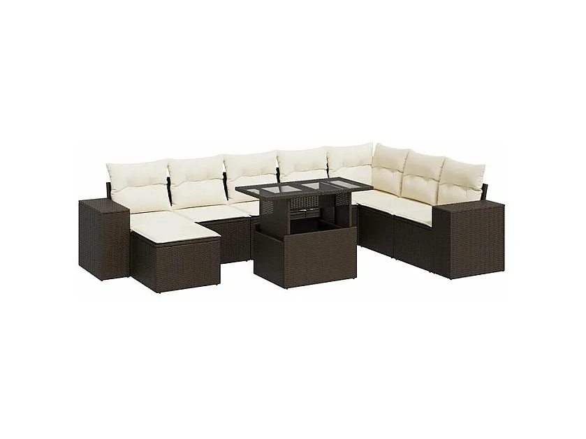 Salon de jardin avec coussins 9 pcs marron résine tressée