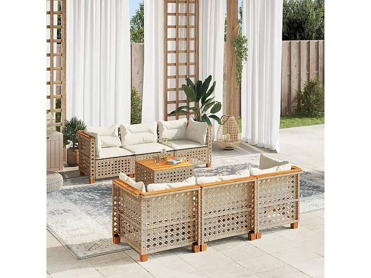 Salon de jardin avec coussins 7 pcs beige résine tressée