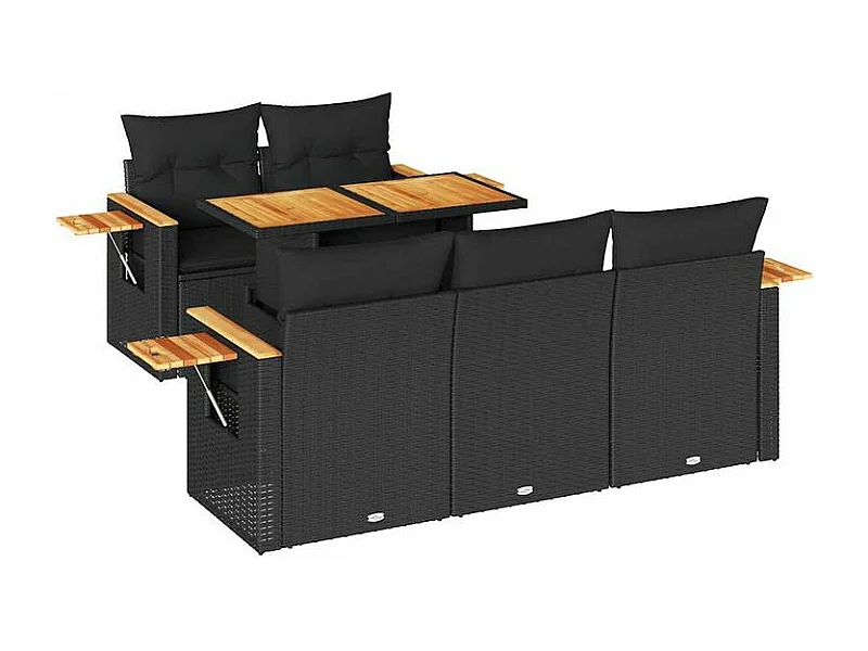 Salon de jardin 6 pcs avec coussins noir résine tressée acacia