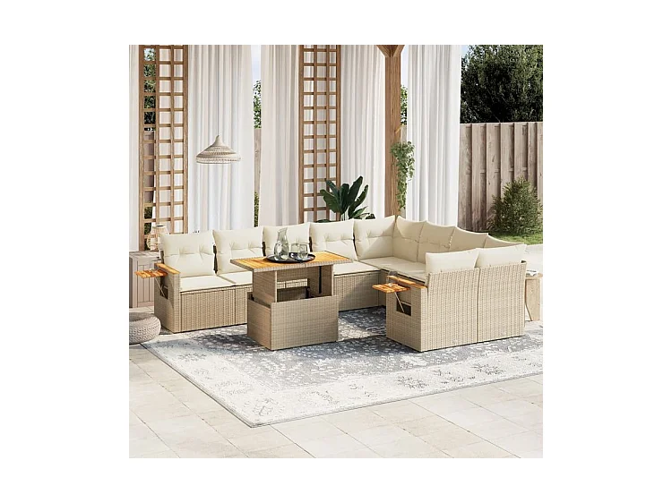 Salon de jardin avec coussins 10 pcs beige résine tressée