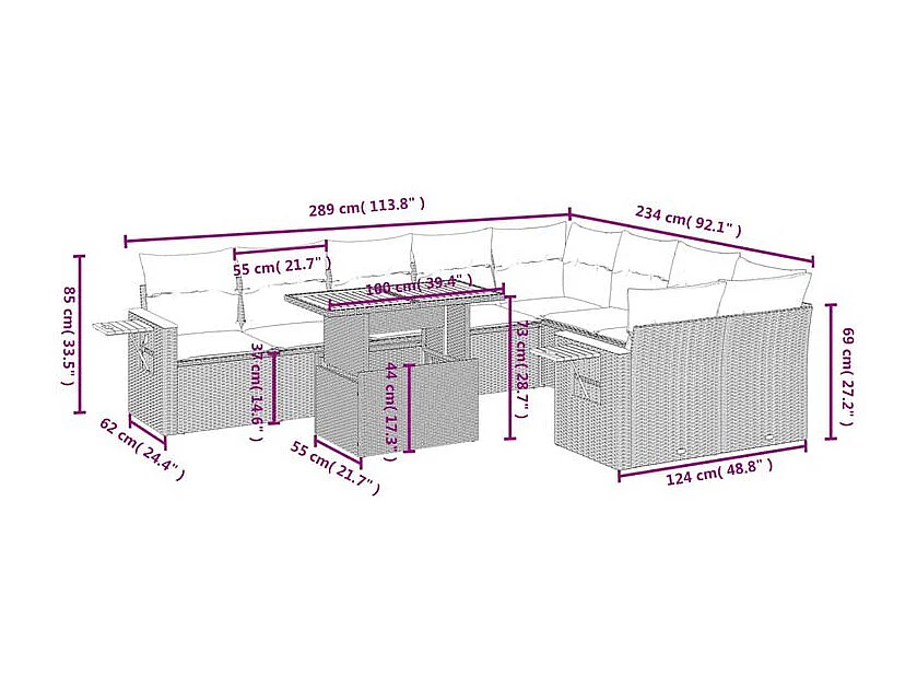 Salon de jardin avec coussins 10 pcs beige résine tressée