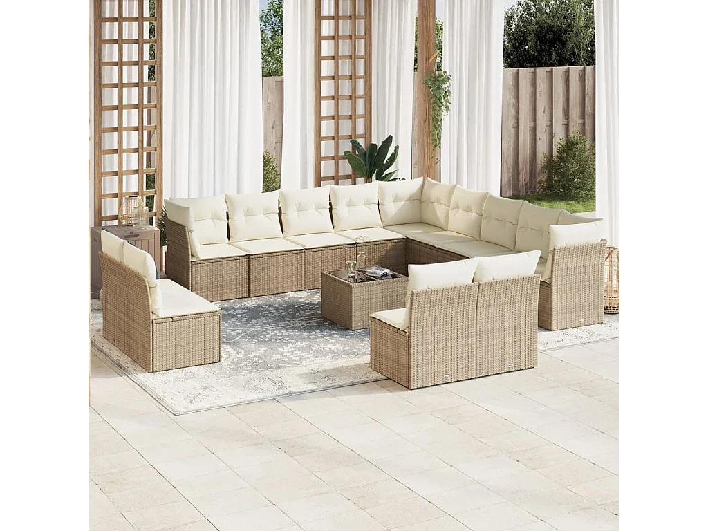 Salon de jardin avec coussins 14 pcs beige résine tressée