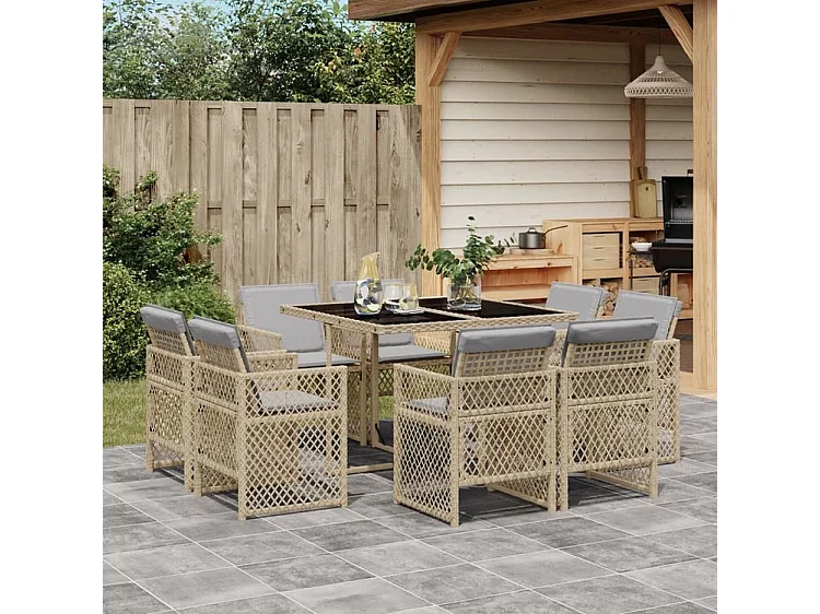 Ensemble à manger de jardin et coussins 9 pcs mélange beige
