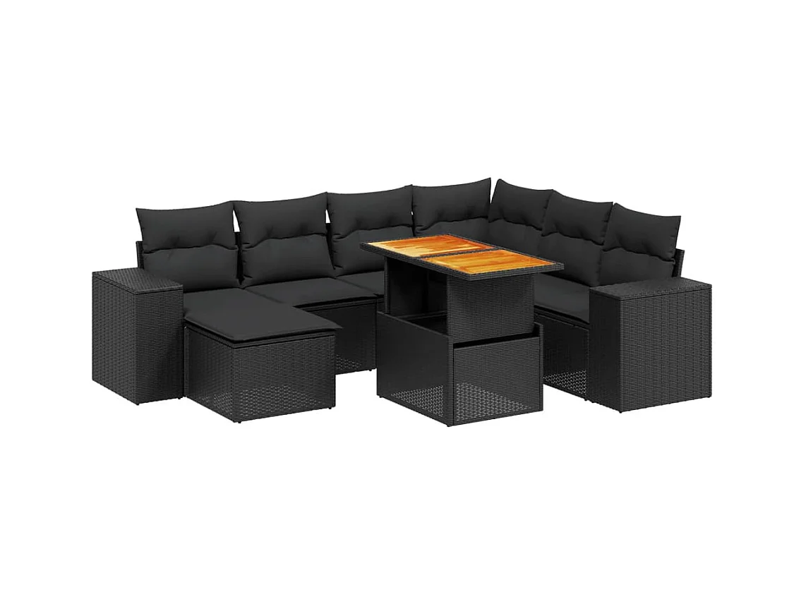 Salon de jardin 8 pcs avec coussins noir résine tressée