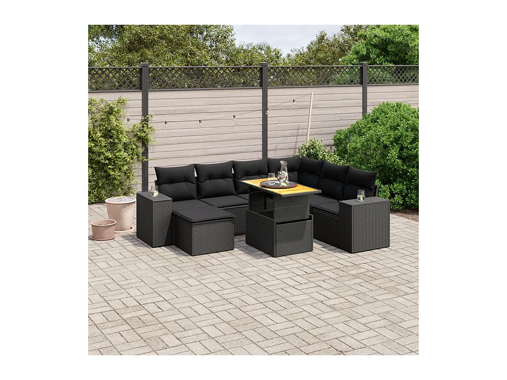 Salon de jardin 8 pcs avec coussins noir résine tressée