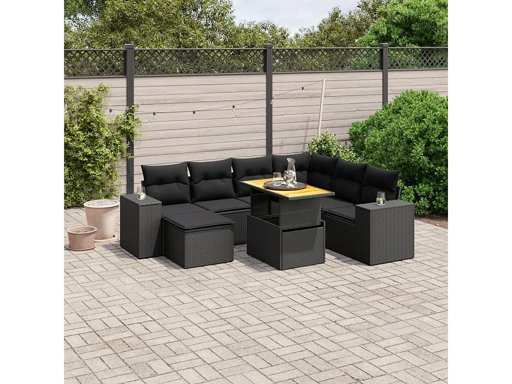 Salon de jardin 8 pcs avec coussins noir résine tressée