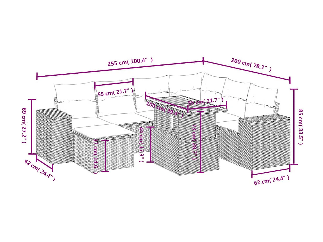 Salon de jardin 8 pcs avec coussins noir résine tressée