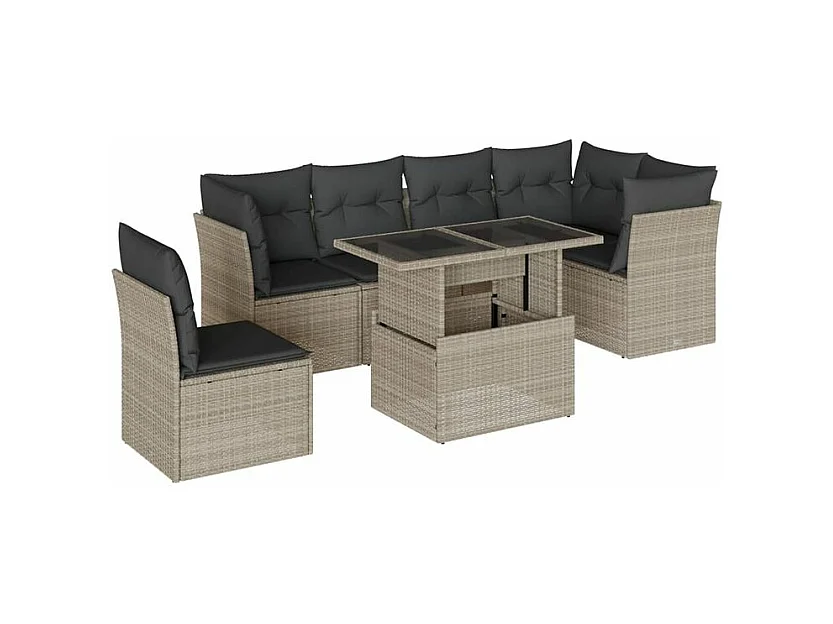 Salon de jardin avec coussins 7 pcs gris clair résine tressée