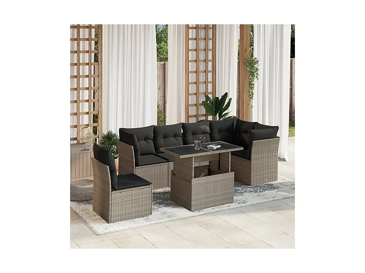Salon de jardin avec coussins 7 pcs gris clair résine tressée