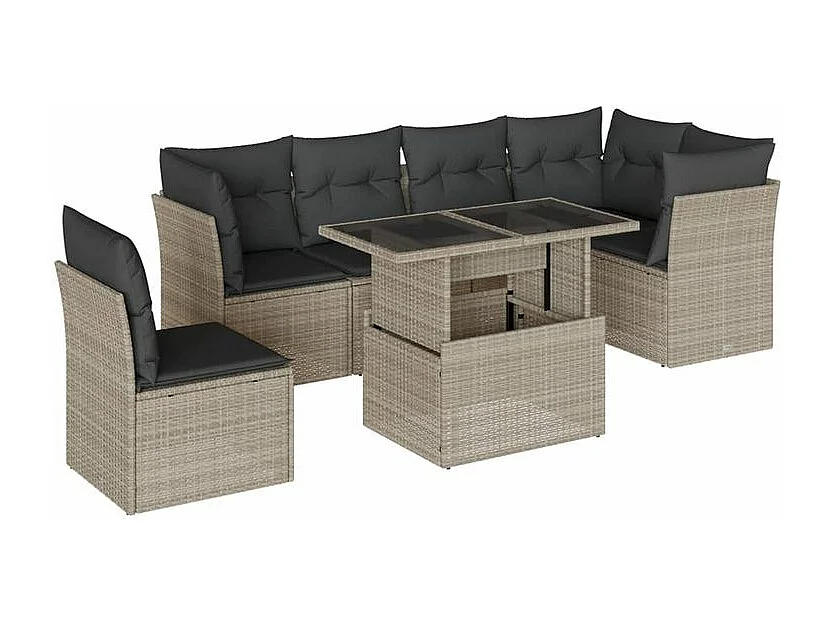 Salon de jardin avec coussins 7 pcs gris clair résine tressée