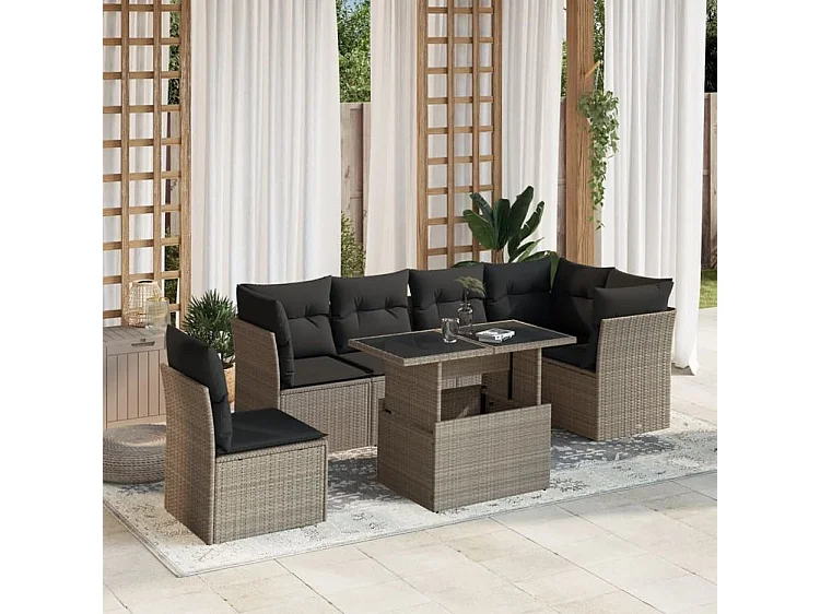 Salon de jardin avec coussins 7 pcs gris clair résine tressée