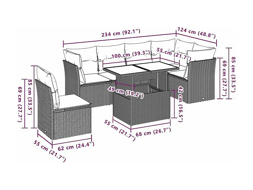 Salon de jardin avec coussins 7 pcs gris clair résine tressée