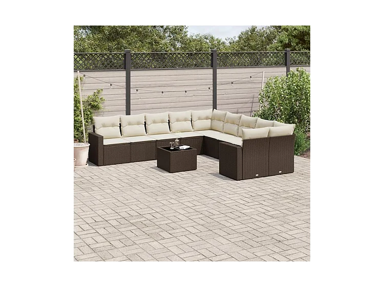 Salon de jardin et coussins 11 pcs marron résine tressée