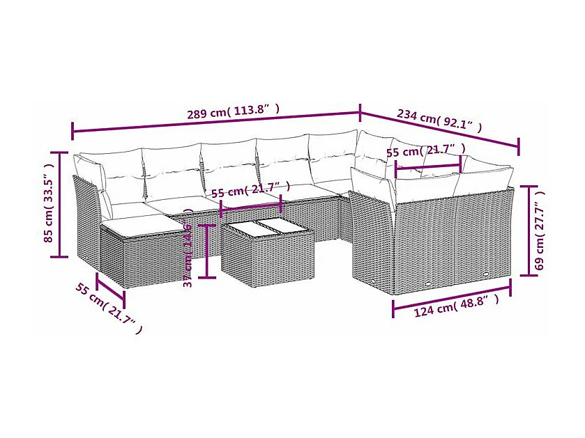 Salon de jardin et coussins 11 pcs marron résine tressée