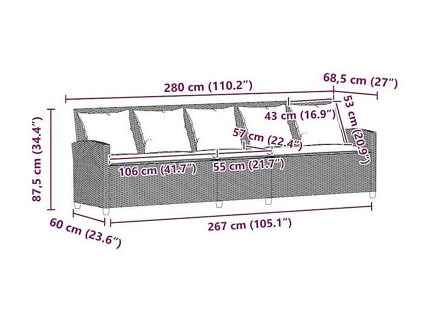 Canapé de jardin avec coussins 5 places beige résine tressée