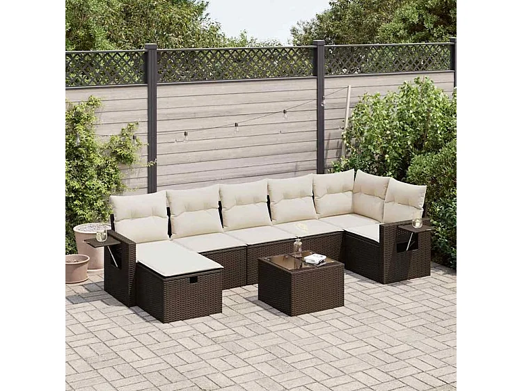 Salon de jardin 8 pcs avec coussins marron résine tressée