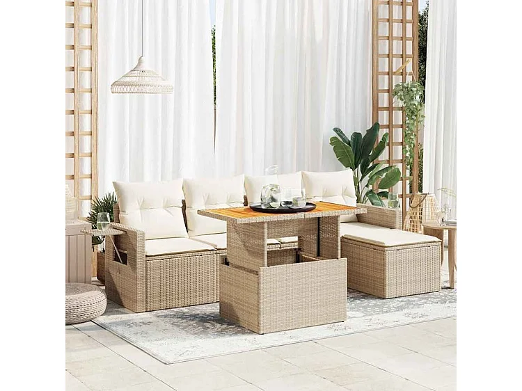 Salon de jardin avec coussins 6 pcs beige résine tressée