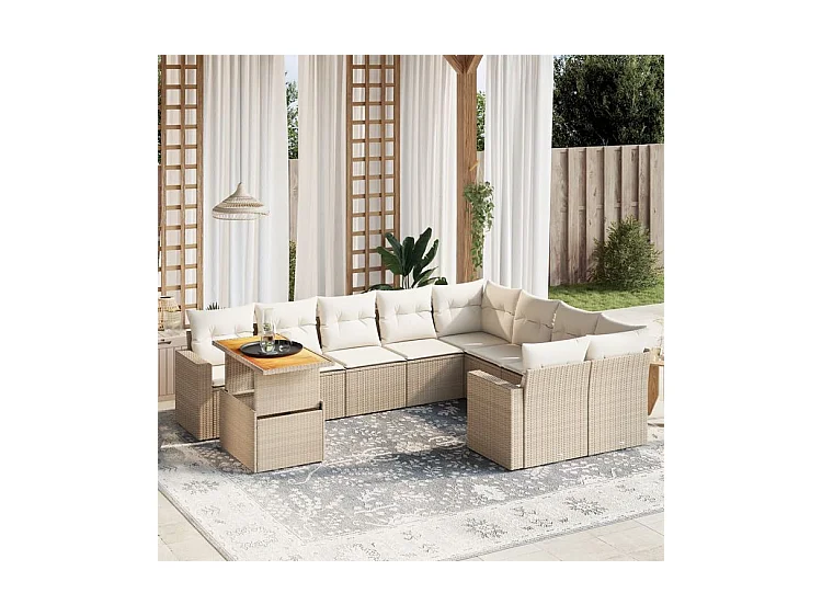 Salon de jardin avec coussins 10 pcs beige résine tressée