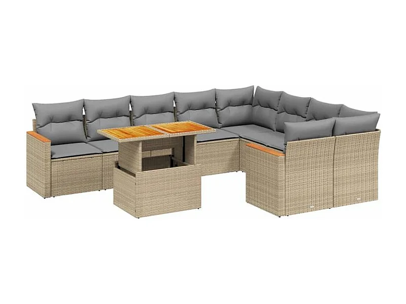 Salon de jardin avec coussins 10 pcs beige résine tressée