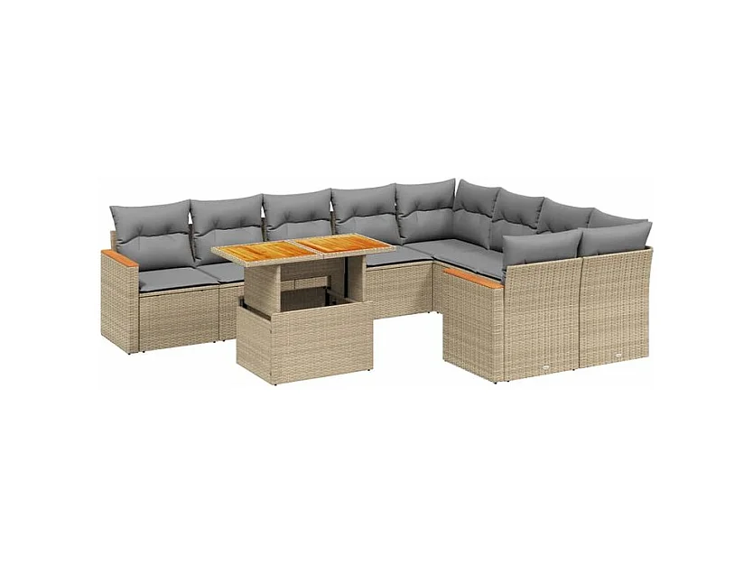 Salon de jardin avec coussins 10 pcs beige résine tressée