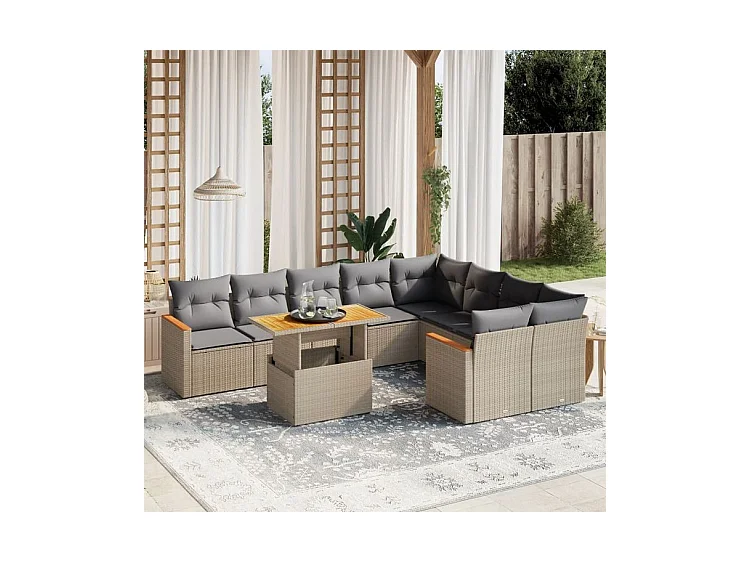 Salon de jardin avec coussins 10 pcs beige résine tressée