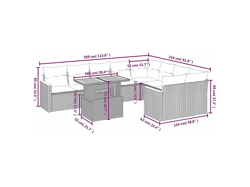 Salon de jardin avec coussins 10 pcs beige résine tressée