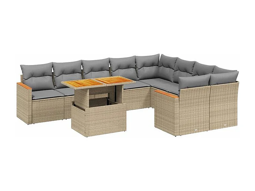 Salon de jardin avec coussins 10 pcs beige résine tressée