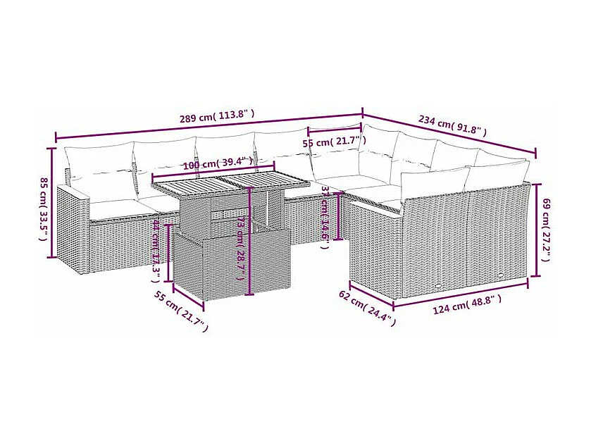Salon de jardin avec coussins 10 pcs beige résine tressée