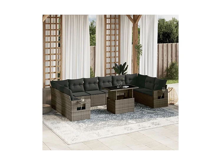 Salon de jardin 11 pcs avec coussins gris résine tressée