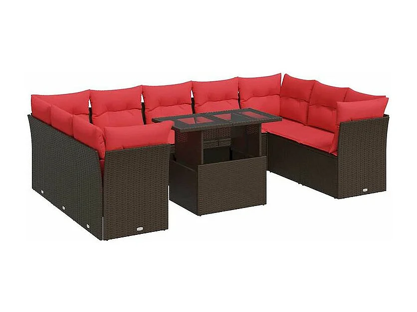 Salon de jardin 10 pcs et coussins marron résine tressée acacia