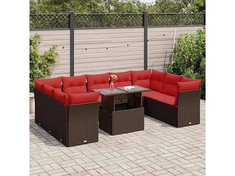 Salon de jardin 10 pcs et coussins marron résine tressée acacia