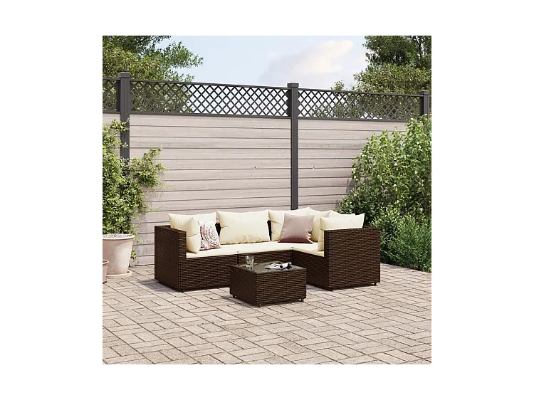 Salon de jardin 5 pcs avec coussins Marron Résine tressée