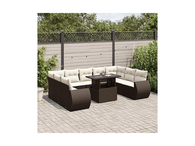 Salon de jardin 10 pcs avec coussins marron résine tressée