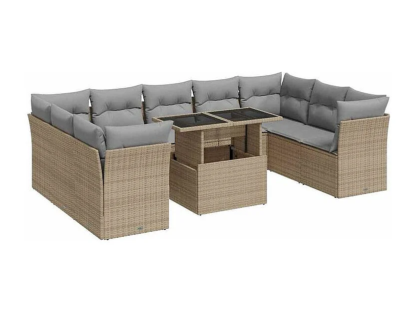 Salon de jardin avec coussins 10 pcs beige résine tressée