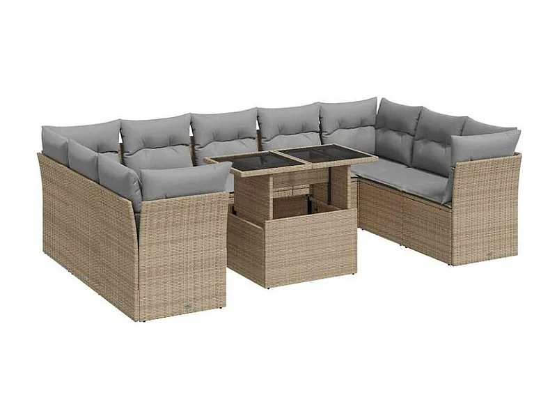 Salon de jardin avec coussins 10 pcs beige résine tressée