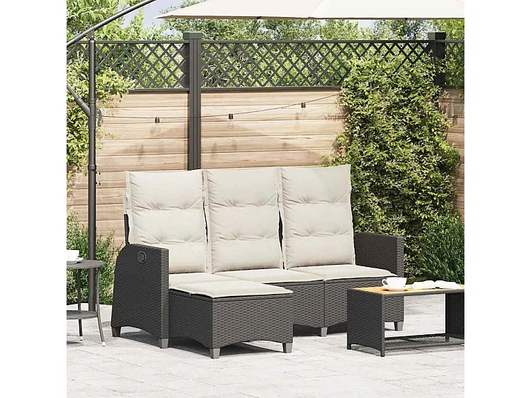 Canapé de jardin inclinable coussins forme de L noir polyrotin